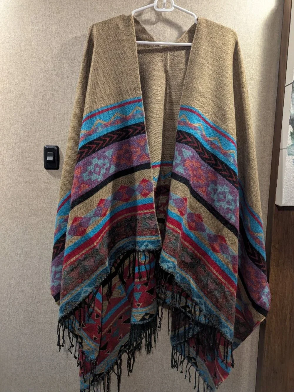 Southwestern Knit Poncho Wrap | Tan Turquoise Pink Black | Fringe | Boho